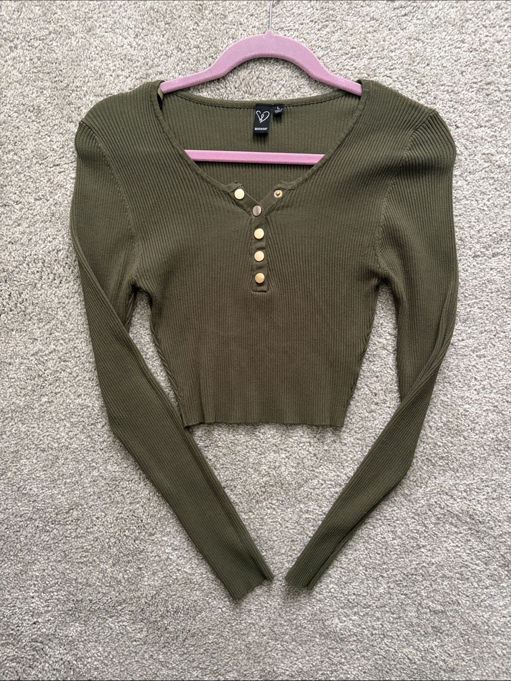 Windsor Olive Ribbed Cropped Henley with Gold Buttons